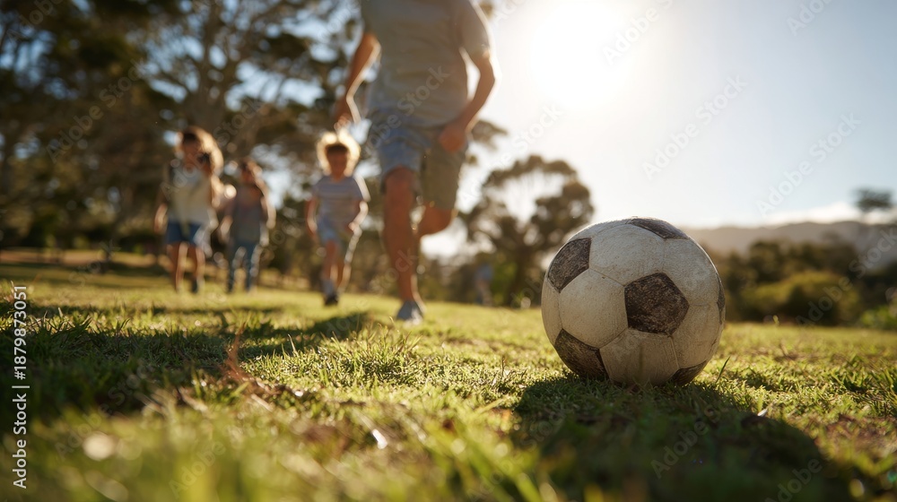 Obraz premium Kids playing soccer in park with ball on grass, sunlight leisure activity