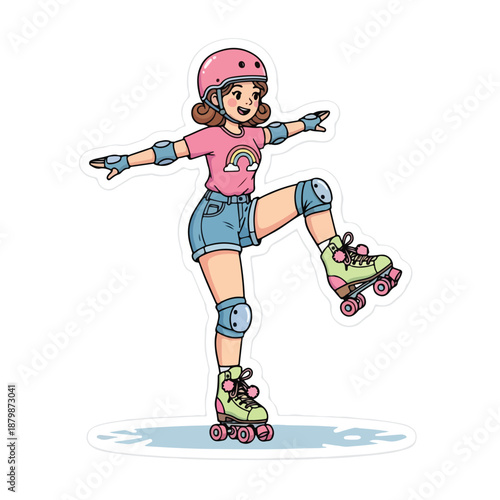A cartoon illustration of a young girl rollerblading with protective gear on a plain white background.