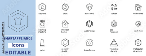 Smart Home Appliance and Eco Automation Line Icon Set. Laundry, Security, Energy Saving, and Utility Vector Symbols.