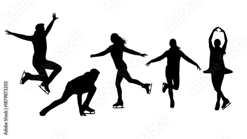 Dynamic silhouettes of people ice skating in various poses