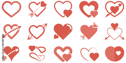 Collection of red heart symbols with arrows and smaller hearts inside