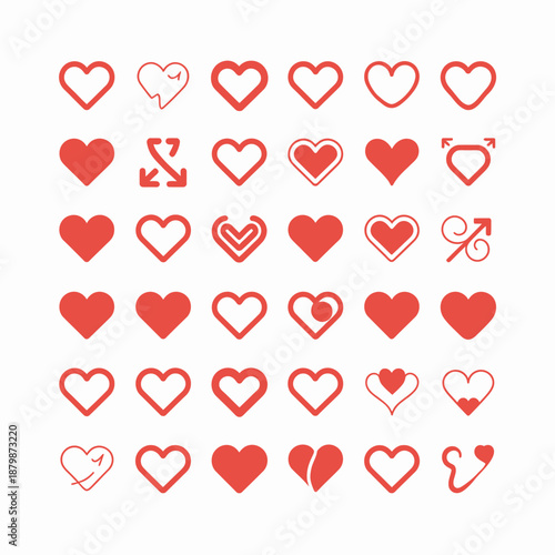 Collection of red heart symbols with various and gender symbols outline filled