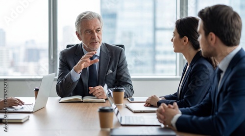 Wallpaper Mural Businessman leading a meeting with colleagues in a modern office setting with city view Torontodigital.ca