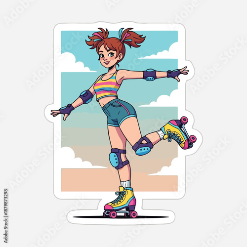 Cartoon illustration of a young girl rollerblading on a beach with a colorful outfit and protective gear.