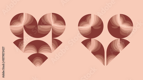 Geometric heart symbols composed of circles and triangles in brown and beige tones