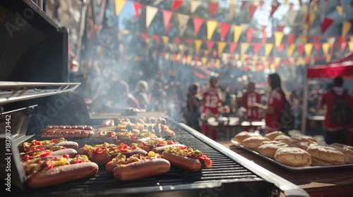 Grilled hotdogs at a football tailgating party with smoke and pennants