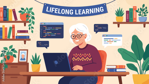 Lifelong learning concept. Senior woman coding on laptop. Elderly lady studying programming code. Grandmother using computer. Education flat vector illustration. Technology. Active aging.