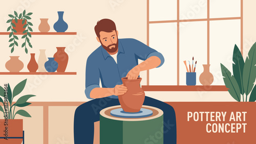 Pottery workshop concept. Man throwing clay on wheel. Male artist creating ceramic vase. Handmade craft hobby. Artisan manufacturing. Flat vector illustration design style art.