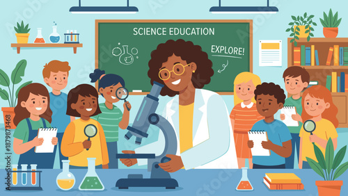 Science education concept. Teacher showing microscope to diverse students. Kids learning biology in lab. School experiment. Flat vector illustration. Academic knowledge. Chemistry.