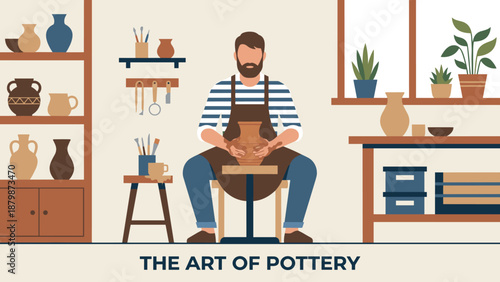 Male potter throwing clay vase on wheel. Flat vector illustration of artisan creating handmade ceramics in studio. Workshop interior shelves. Creative hobby molding craft concept.