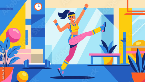 Flat vector illustration energetic woman doing aerobics exercise gym. Happy female athlete workout high kick. Fitness concept sport training. Active healthy lifestyle cardio wellness