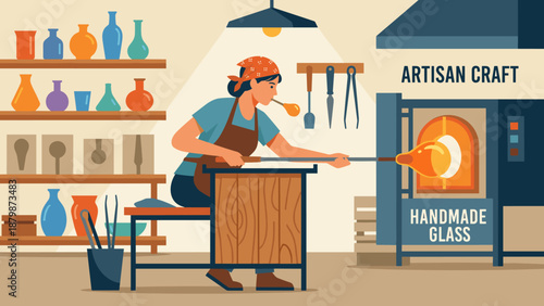 Woman glassblower artist working in workshop. Artisan craft concept. Female worker blowing molten glass at furnace. Handmade manufacturing process. Creative profession.