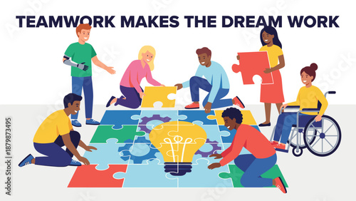 Inclusive team building puzzle. Disabled people, wheelchair, prosthetic arm. Group connecting jigsaw pieces forming lightbulb idea. Business teamwork strategy collaboration.