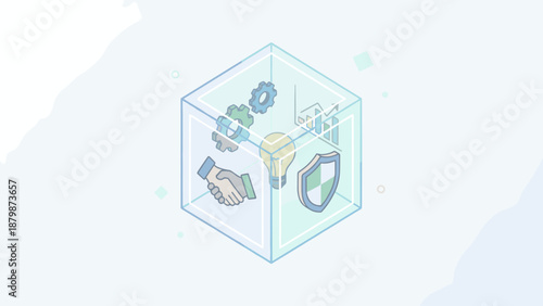 Business transparency concept. Transparent glass box showing contents. Openness and clarity strategy. Corporate honesty. Clear cube with icons. Internal process. Flat vector illustration.