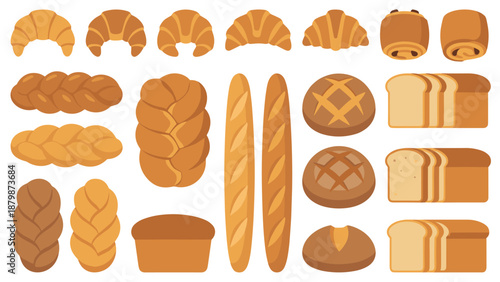 Bakery bread and pastry collection set. Croissant baguette challah toast slices. Fresh food knolling layout. Breakfast carbohydrate bun loaf. Vector illustration isolated on white.