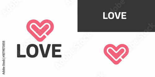 Pink and white heart symbol with the word love in black text