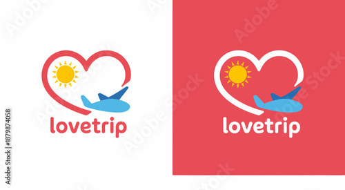 Red and white heart with sun and airplane for travel company lovetrip