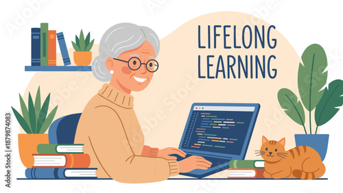 Senior woman coding on laptop. Lifelong learning concept. Elderly lady programmer using computer. Grandma studying online. Pensioner education. Old female developer. Flat vector.