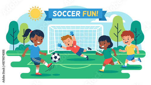 Kids playing soccer football match. Flat vector illustration. Children active sport game. Cartoon players running. Goalkeeper saving goal. Teamwork concept. Summer outdoor activity.
