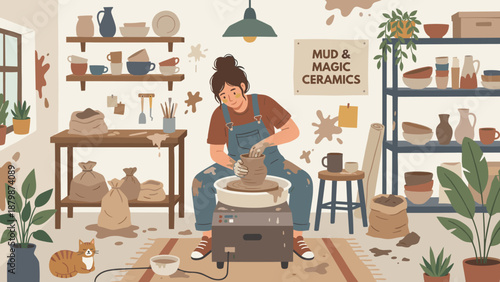 Woman potter making ceramic vase on spinning wheel in messy workshop. Female artist shaping clay. Handmade craft hobby. Artisan manufacturing earthenware. Creative production.