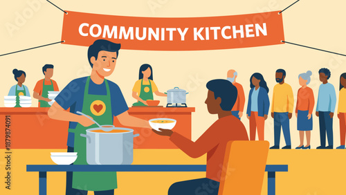 Volunteer serving food at community kitchen. Charity concept. Man pouring soup for homeless person. Food drive and humanitarian aid. Social support. Poverty relief. Nonprofit work.