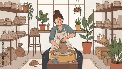 Woman making ceramic pot on pottery wheel in messy studio. Creative artist in dirty apron shaping clay vase. Hobby craft concept. Handmade manufacturing process. Artisan work.