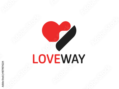 Red heart symbol with black arrow and the word love way in red and black text