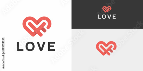 Red heart symbol with intertwined lines and the word love in black and white backgrounds