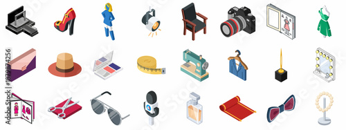 Isometric Icon Collection of Fashion, Glamour, Design, and Media Elements including Runway, Camera, Sewing Machine, and Accessories.