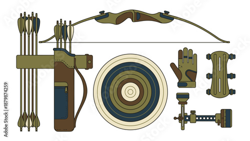 Archery equipment set vector illustration. Recurve bow arrows quiver target glove sight. Sport hunting gear collection. Knolling flat lay. Isolated on white background. Shooting sport