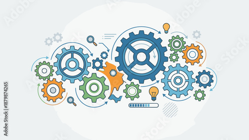 Stylized gears cogs working together. System optimization efficiency concept. Flat mechanism. Teamwork process workflow. Technical progress innovation. Strategy integration machine.