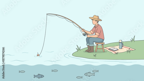 Fisherman sitting on bank holding rod. Patience and leisure hobby concept. Flat vector illustration. Outdoor recreation. Relaxing weekend activity. Angler waiting for catch.
