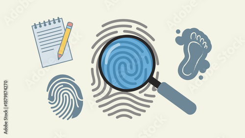 Forensic investigation concept. Magnifying glass analyzing fingerprint. Detective tools for crime scene evidence. Footprint track. Notepad pencil. Identity verification security search.