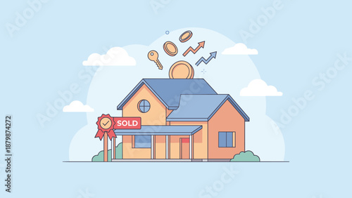 Stylized home with sold sign. Real estate success concept. Property investment mortgage finance. Buying selling house. Flat vector illustration. Residential ownership business deal