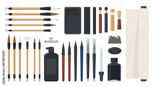 Traditional Chinese calligraphy set vector illustration. Asian writing tools ink brushes paper scroll. Japanese sumi-e painting equipment flat lay. Art stationery kit isolated.