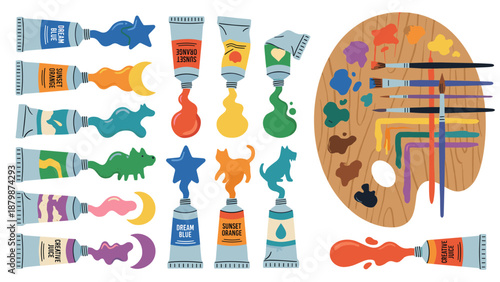 Artist paint tubes and wooden palette set. Creative art supplies collection. Flat lay knolling layout. Colorful vector illustration. Painting tools. Artistic equipment. Painter workshop.