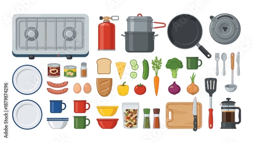 Camping food and cooking gear set. Outdoor stove equipment knolling layout. Pot, pan, kettle, dishes, utensils, vegetables. Picnic travel essentials kit. Hiking preparation vector.