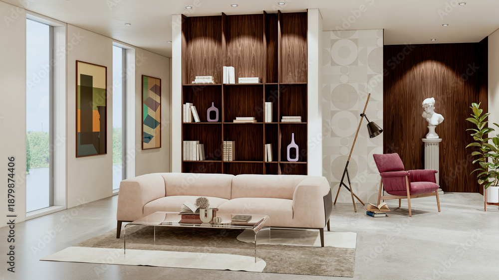 Naklejka premium Large luxury modern bright interiors Living room mockup illustration 3D rendering image