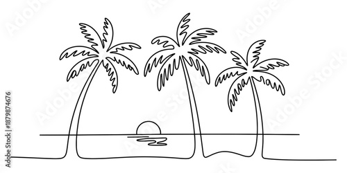 Minimalist single line art illustration of a tropical beach scene with palm trees and sun Vector, illustration