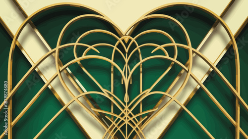 Symmetrical geometric heart pattern with gold lines on green background symmetry