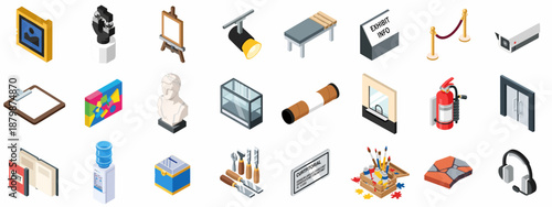 Isometric Collection of Art Gallery and Museum Items including Paintings, Sculptures, Exhibition Signs, Security Cameras, and Visitor Services.