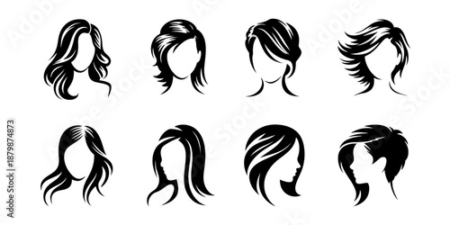 A collection of eight black and white silhouette illustrations showing various women's hairstyles Vector, illustration