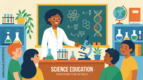 Science education. Teacher with students in classroom laboratory. STEM learning. Diverse kids watching tutor with microscope. Chemistry biology physics class. School experiment.