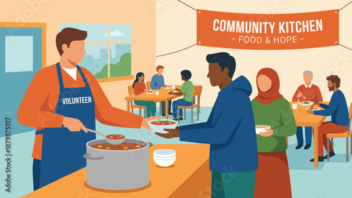 Community kitchen volunteer serving soup. Charity food drive. Homeless help. Humanitarian aid worker. Social welfare support. Poor hungry people eating. Food bank donation. Flat vector