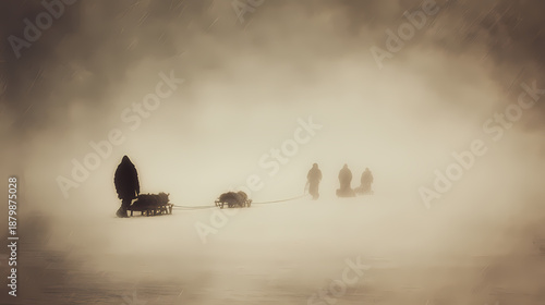 A bird in flight glides over the misty morning ocean as orange sunlight pierces through sunrise clouds to illuminate a quiet boat on the water