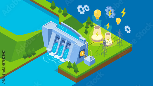 Isometric hydroelectric power plant. Renewable energy concept. Green electricity industry. Water dam turbine. Eco infrastructure vector. Sustainable technology. 3d generation station
