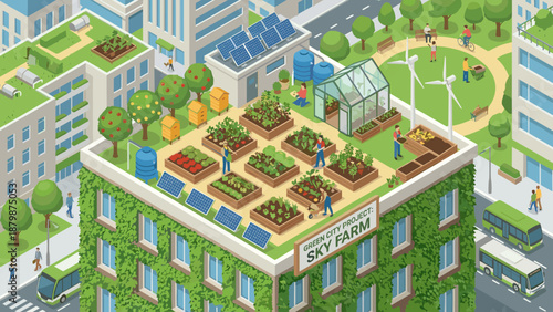 Isometric rooftop garden. Green city concept. Urban farming. Sustainable architecture. Eco friendly building. Solar panels. Greenhouse. Ecology. Smart city. People gardening. Nature.