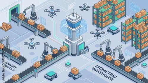 Isometric smart warehouse automation. Logistics center with drones, robots and conveyor belts sorting boxes. Industry 4.0 supply chain delivery. Future factory technology vector.