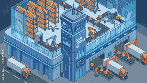 Isometric smart logistics hub. Futuristic warehouse distribution center. Automated drones and robots. Supply chain technology. Industrial storage. Modern delivery transport.