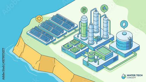 Solar desalination plant isometric water purification technology concept. Renewable energy industry station. Sea ocean treatment system. Eco sustainable power resource. Photovoltaic panel